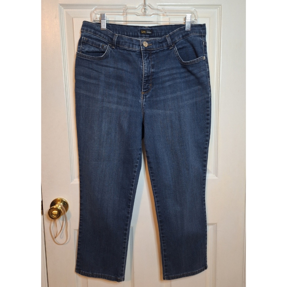 Lee Dark Acid Wash Classic Fit Straight Leg Ankle Cropped Jeans Stretch Size 12